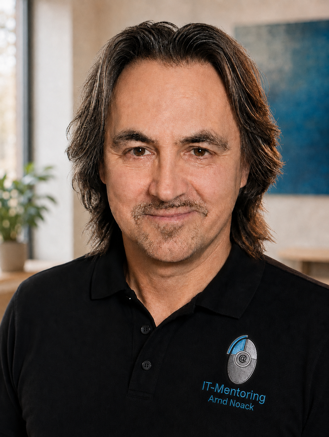 Porträt von Arnd Noack im schwarzen IT-Mentoring-Poloshirt vor einem warmen Schulungsraum